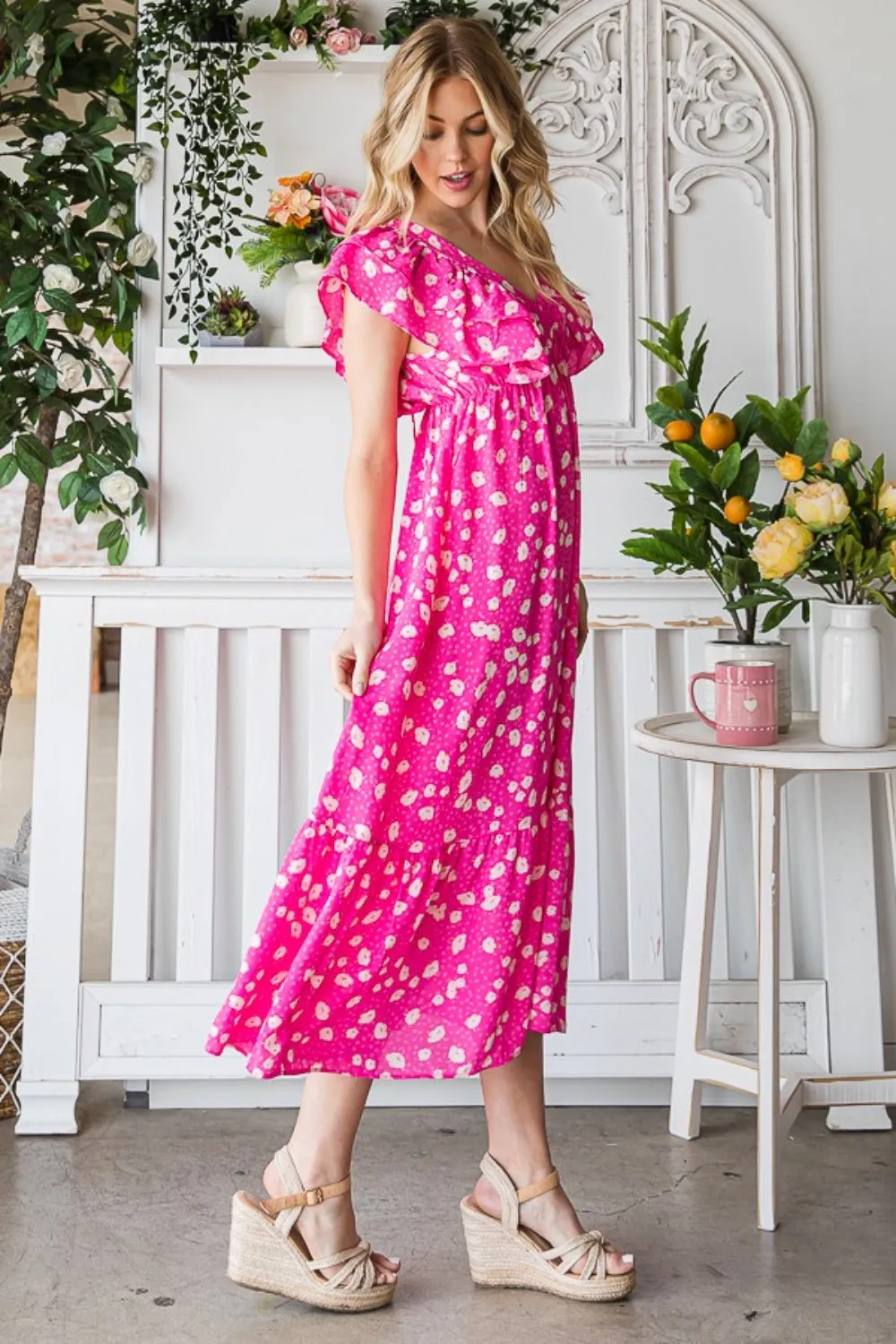 Hazel Blues® |  Reborn J Printed V-Neck Ruffle Trim Tiered Midi Dress