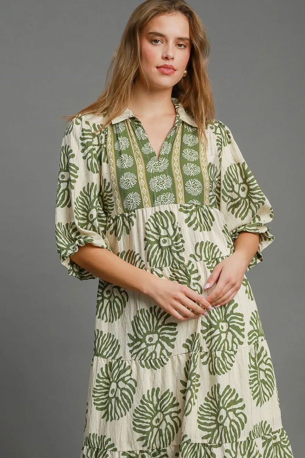 Hazel Blues® | Umgee Border Print Tiered Midi Dress