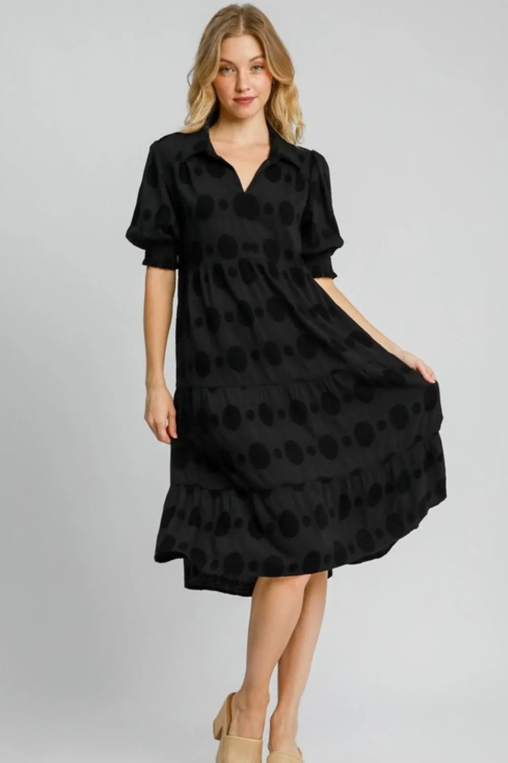 Hazel Blues® | Umgee Swiss Dot Jacquard Tiered Midi Dress