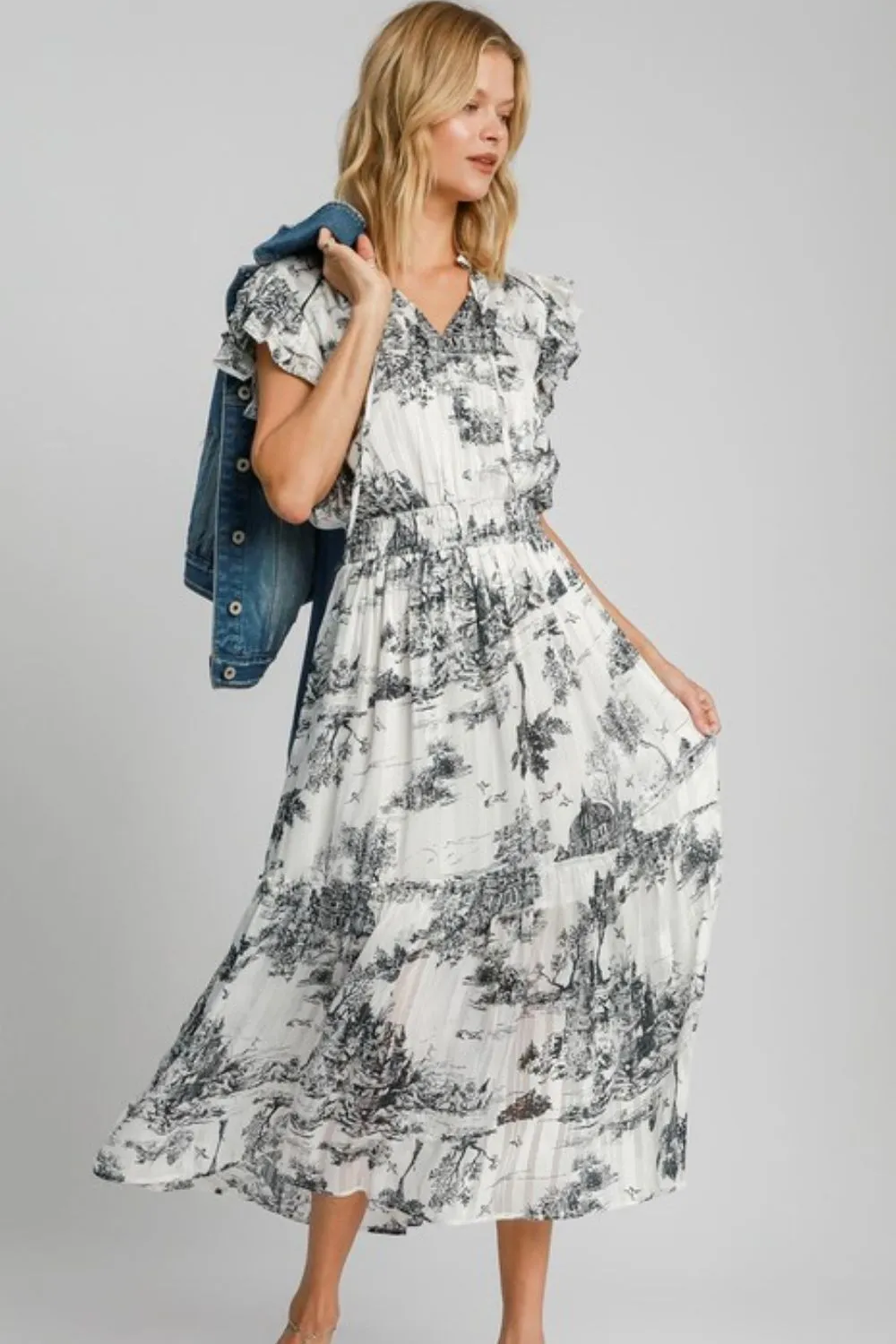 Hazel Blues® | Umgee Two Tone Landscape Print Midi Dress