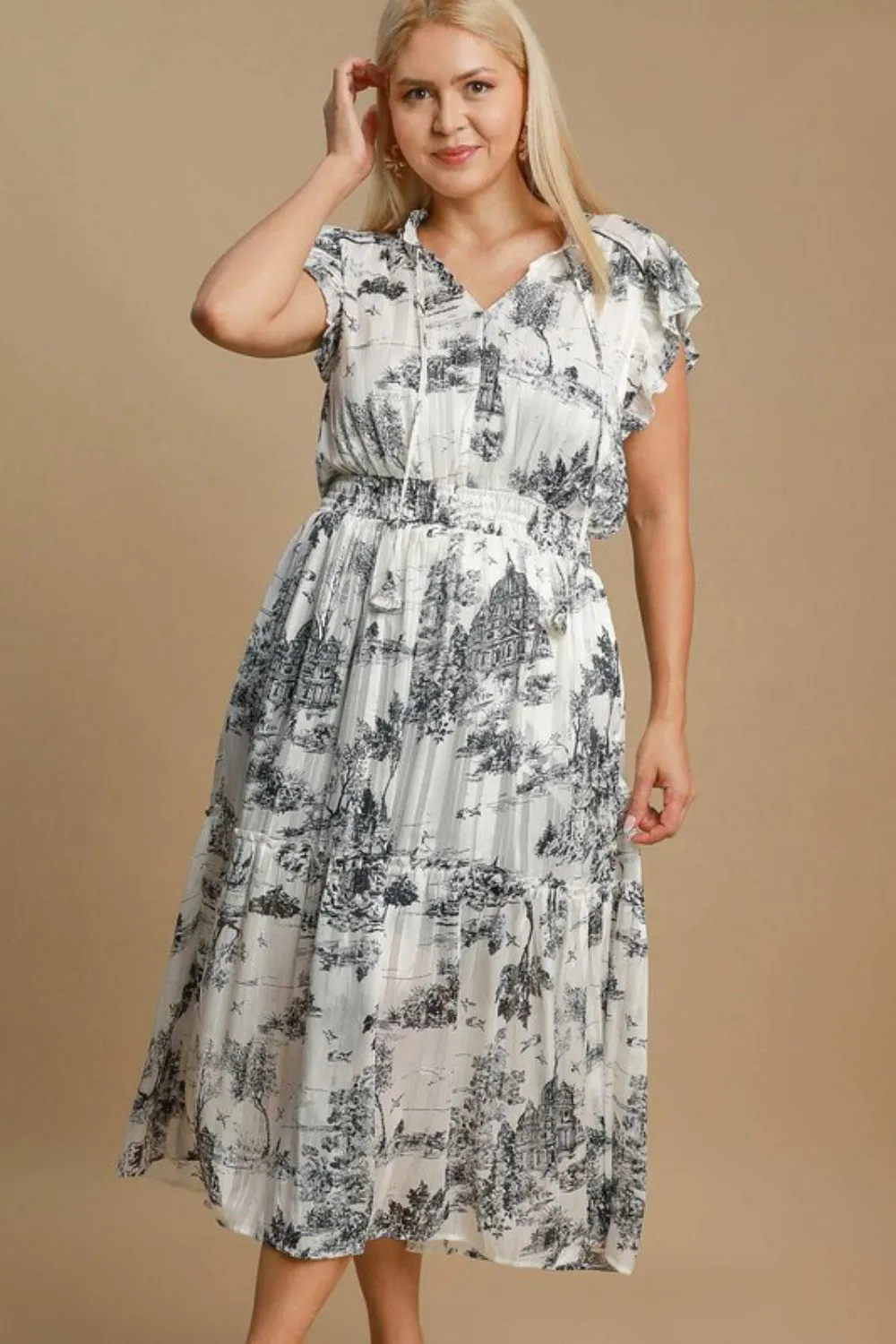 Hazel Blues® | Umgee Two Tone Landscape Print Midi Dress