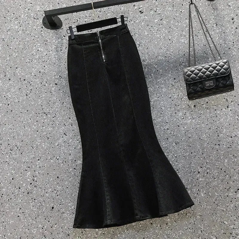 High Waisted Fish tail Mermaid Denim Midi Skirt