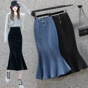 High Waisted Fish tail Mermaid Denim Midi Skirt