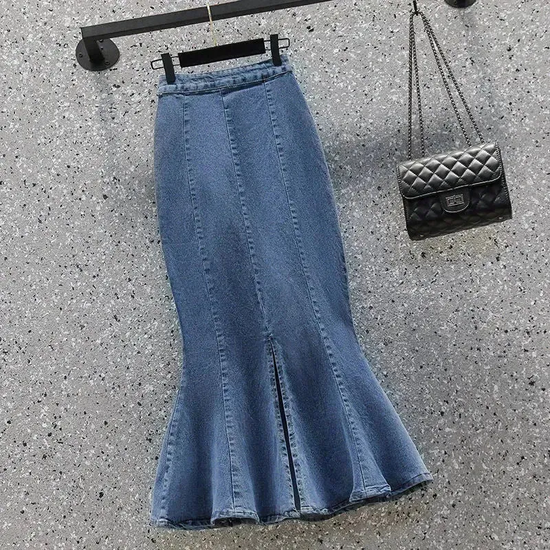 High Waisted Fish tail Mermaid Denim Midi Skirt