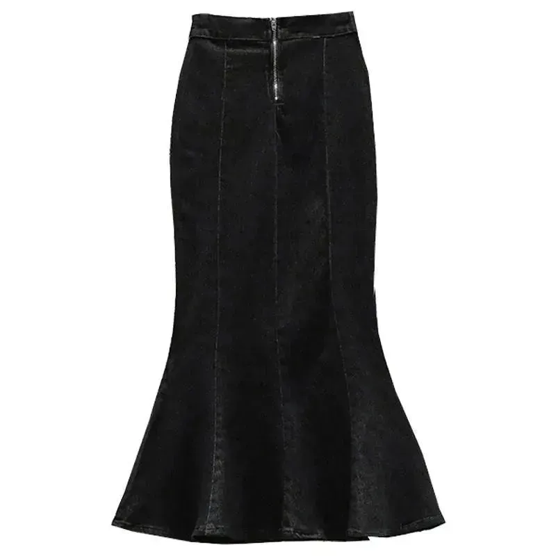 High Waisted Fish tail Mermaid Denim Midi Skirt