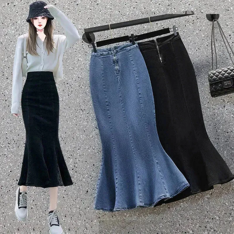 High Waisted Fish tail Mermaid Denim Midi Skirt