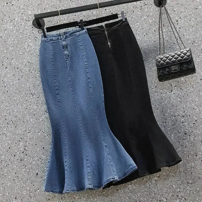 High Waisted Fish tail Mermaid Denim Midi Skirt