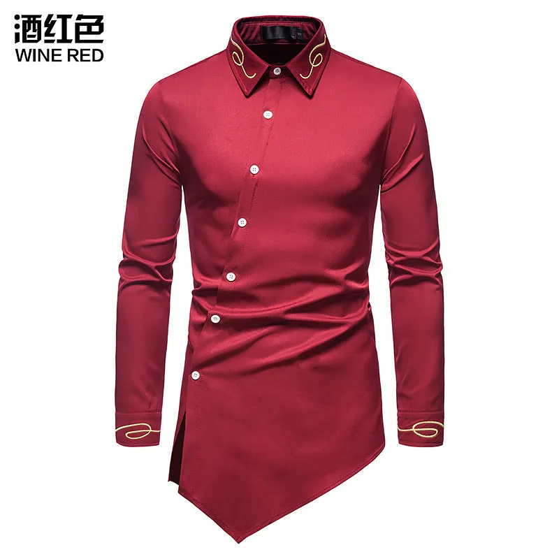 Hollow Men's Embroidered Asymmetric Long-sleeved Denim Shirt