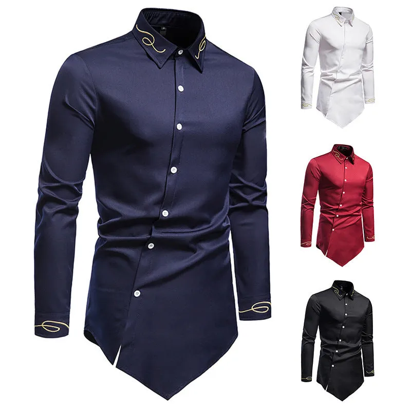 Hollow Men's Embroidered Asymmetric Long-sleeved Denim Shirt