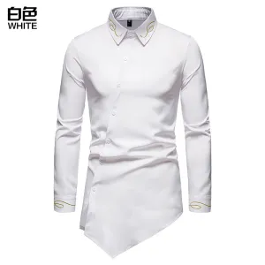 Hollow Men's Embroidered Asymmetric Long-sleeved Denim Shirt