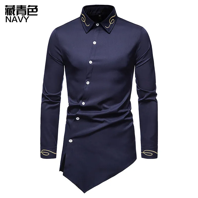 Hollow Men's Embroidered Asymmetric Long-sleeved Denim Shirt