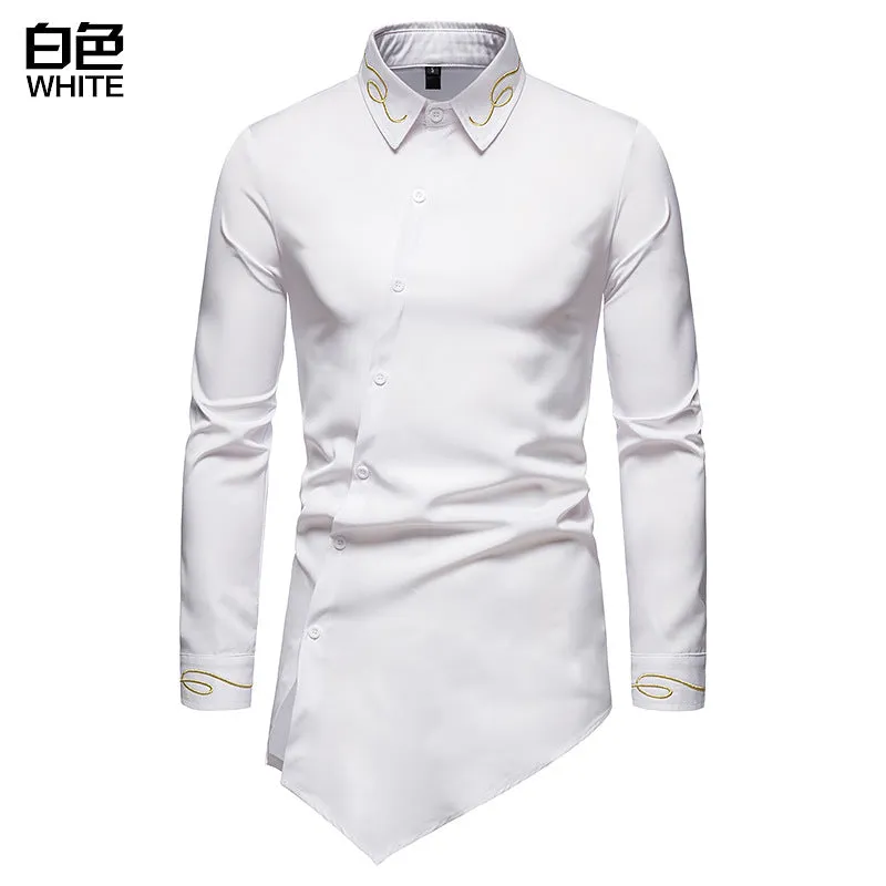 Hollow Men's Embroidered Asymmetric Long-sleeved Denim Shirt