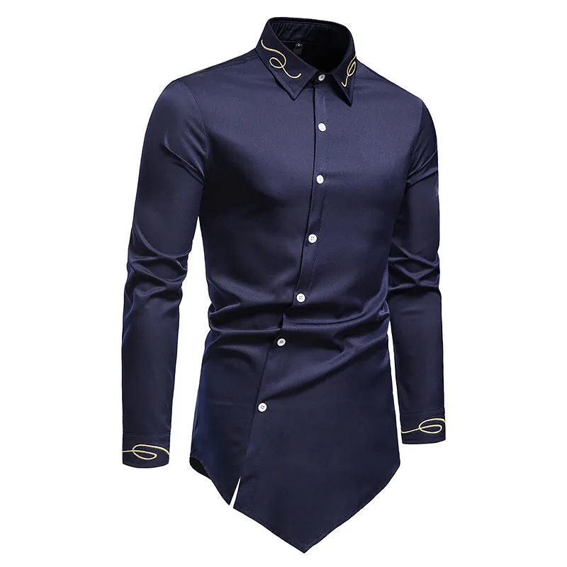 Hollow Men's Embroidered Asymmetric Long-sleeved Denim Shirt