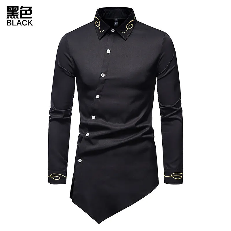 Hollow Men's Embroidered Asymmetric Long-sleeved Denim Shirt