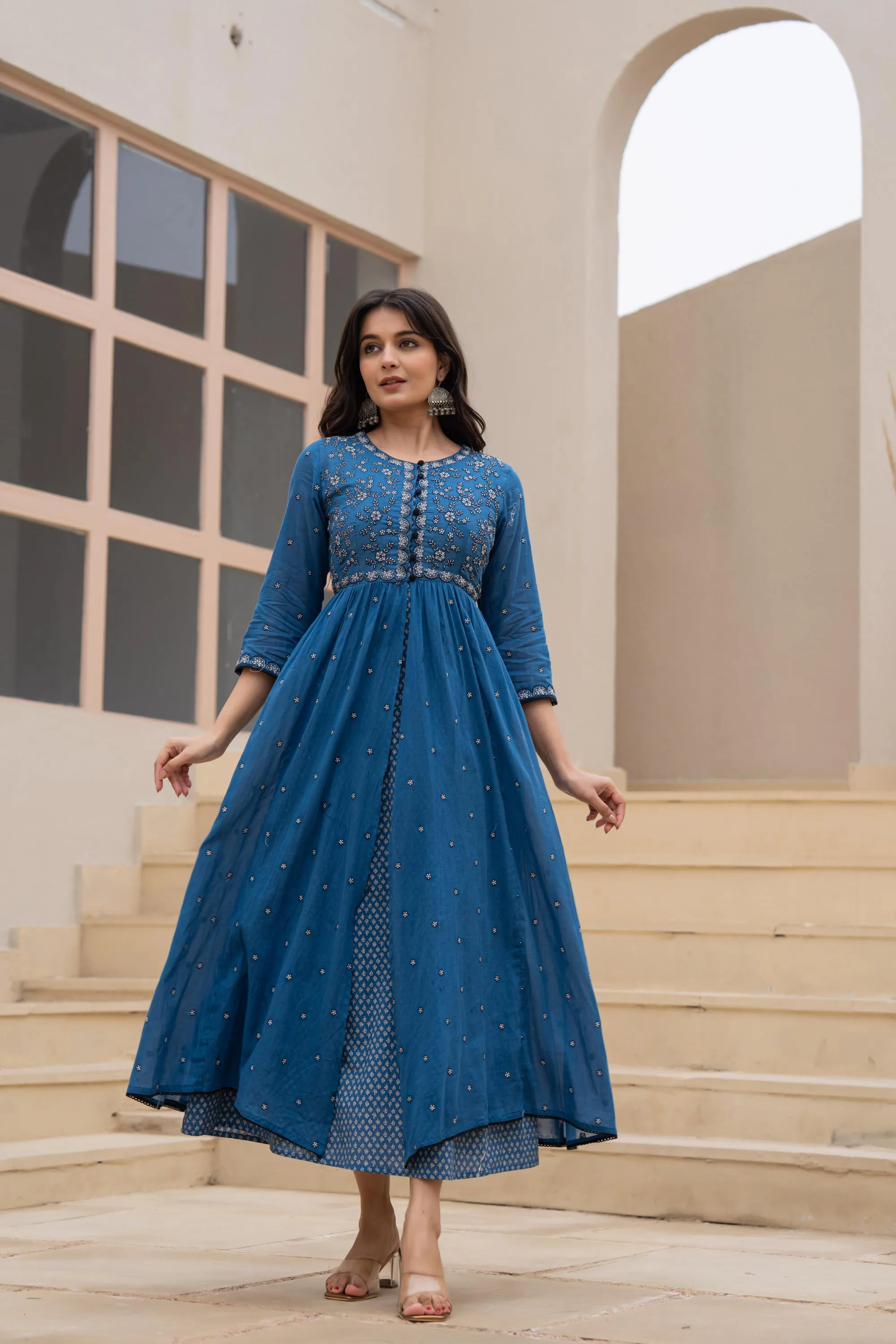Indigo Floral Embroidered Cotton Dress with Button Closure & Cotton Lace