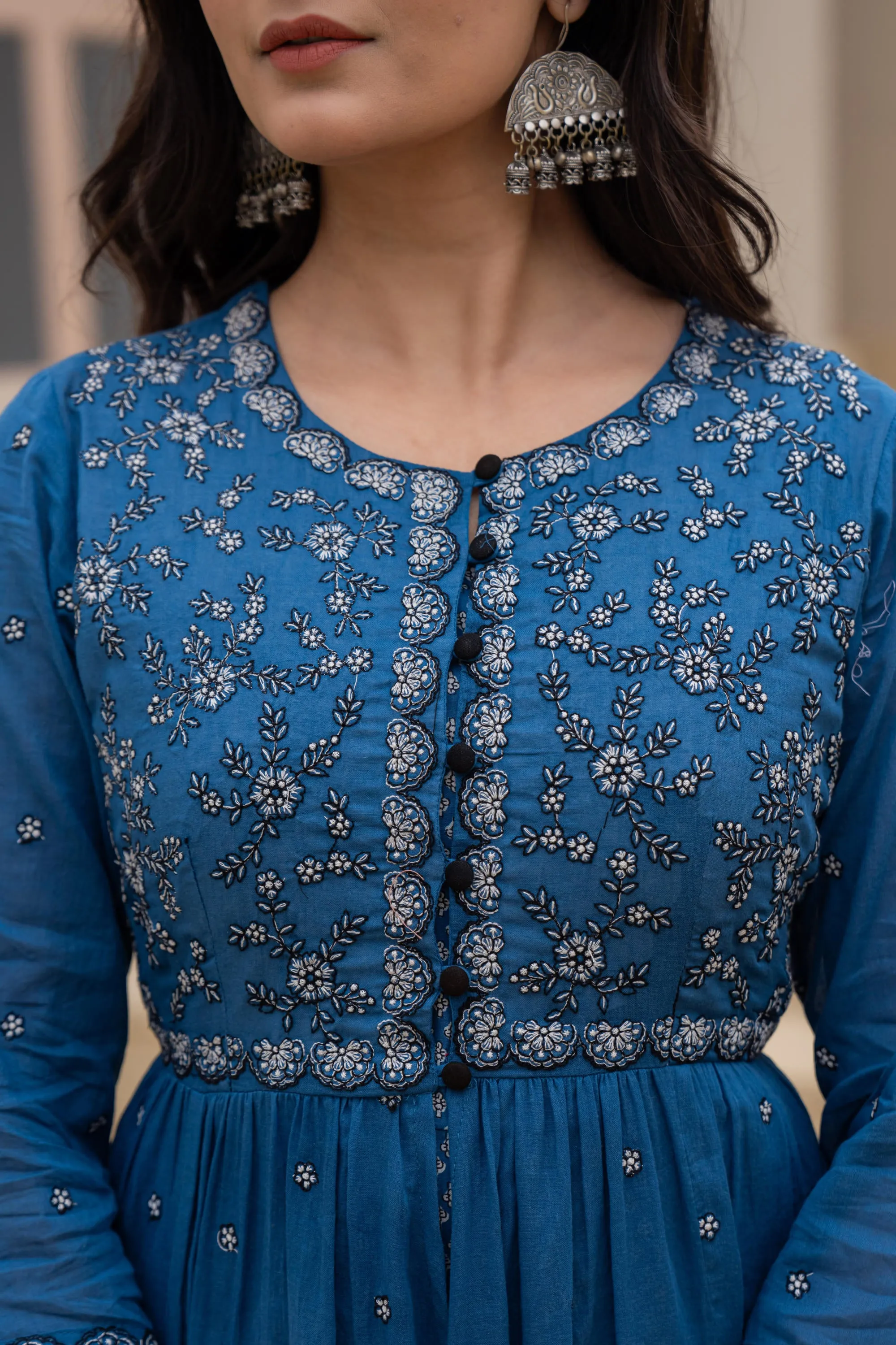 Indigo Floral Embroidered Cotton Dress with Button Closure & Cotton Lace