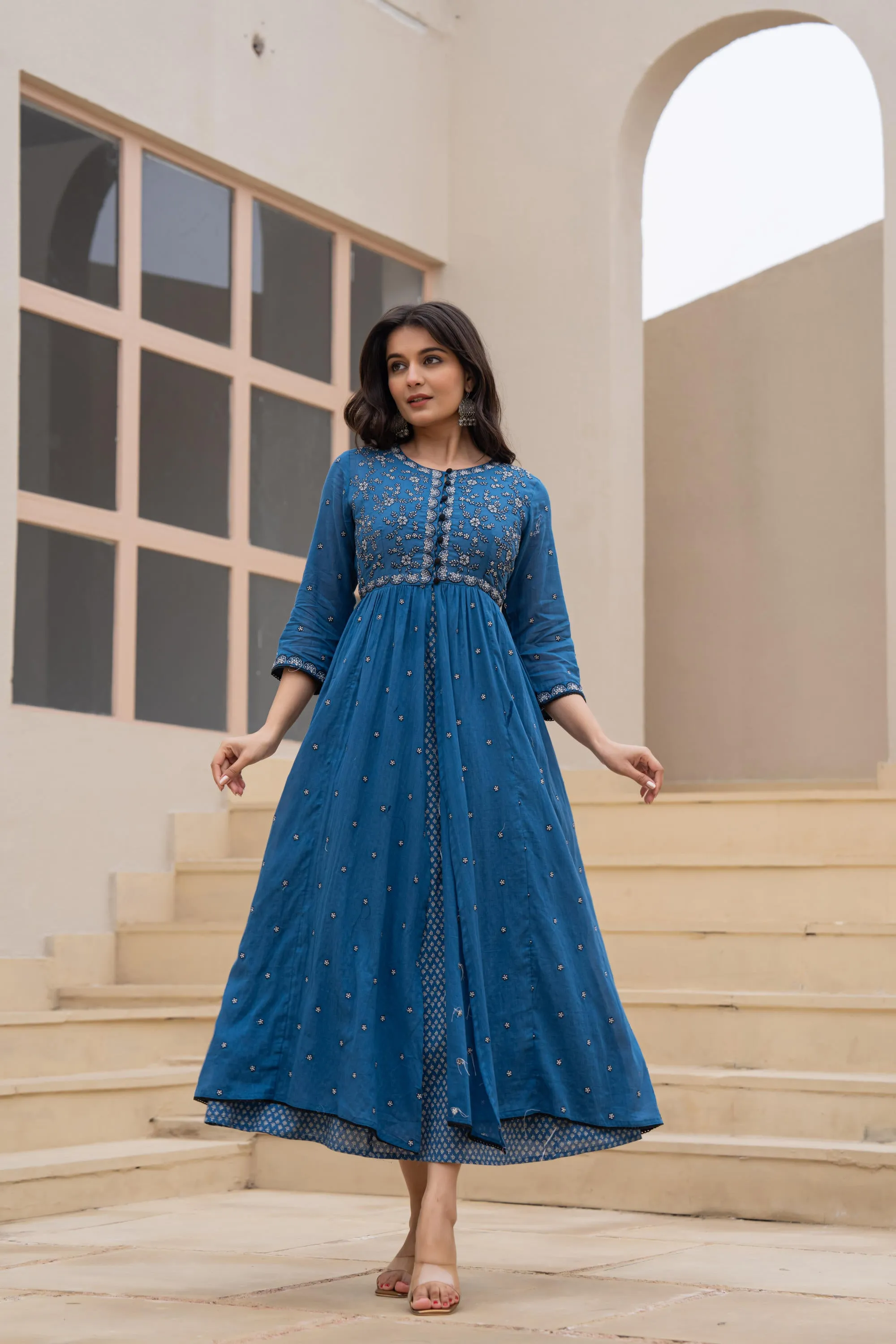 Indigo Floral Embroidered Cotton Dress with Button Closure & Cotton Lace