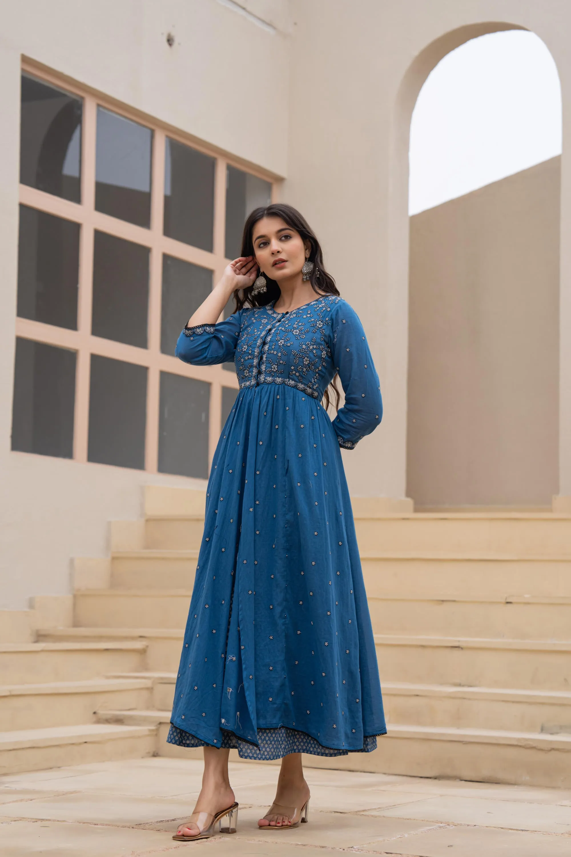 Indigo Floral Embroidered Cotton Dress with Button Closure & Cotton Lace