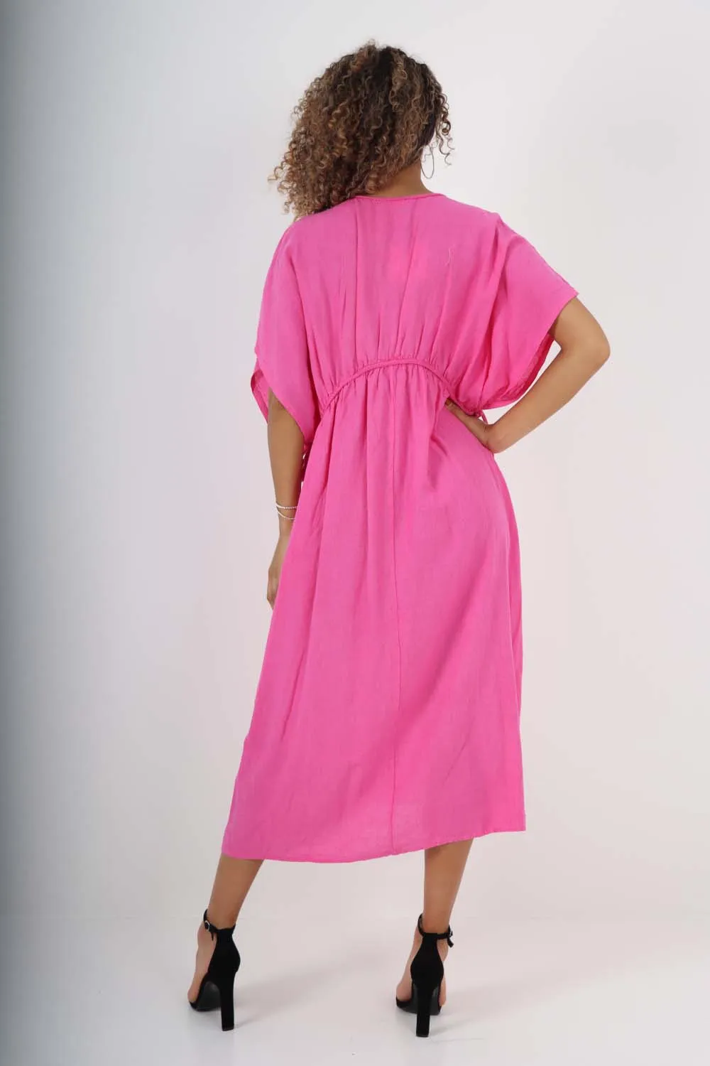 Italian Drawestring Front Flared Linen Dress