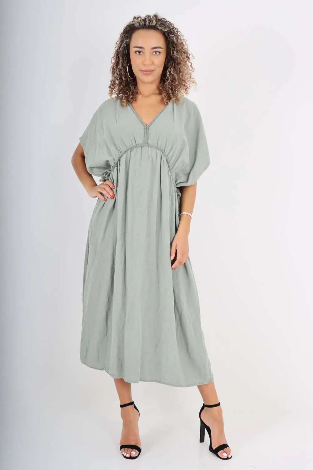 Italian Drawestring Front Flared Linen Dress