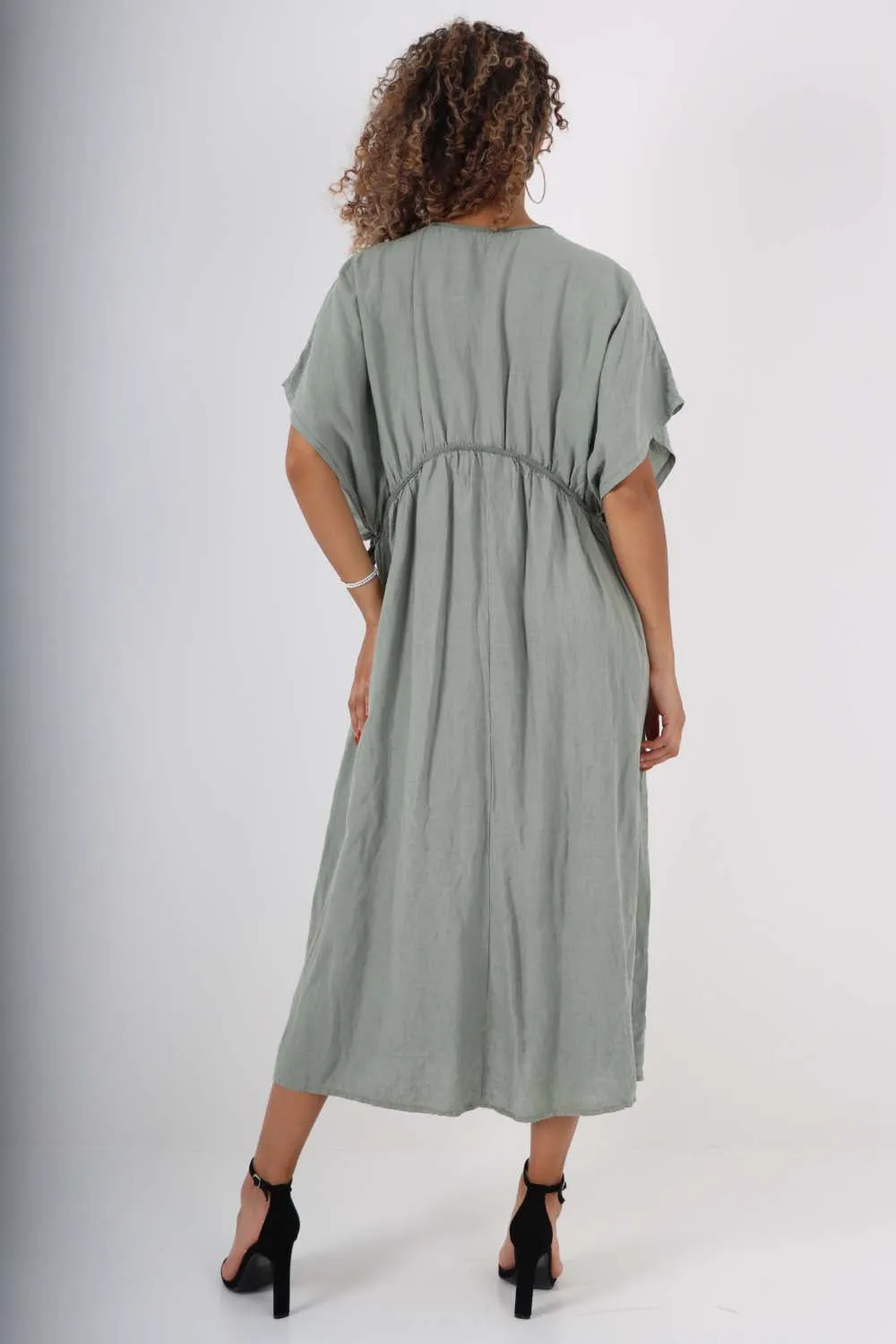 Italian Drawestring Front Flared Linen Dress
