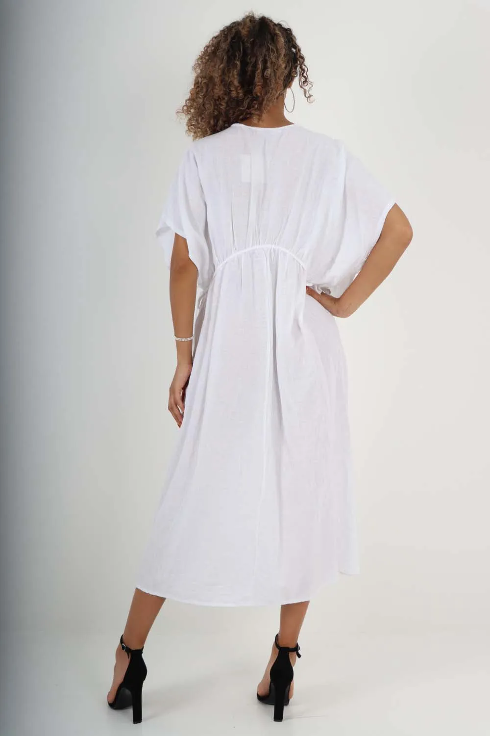 Italian Drawestring Front Flared Linen Dress