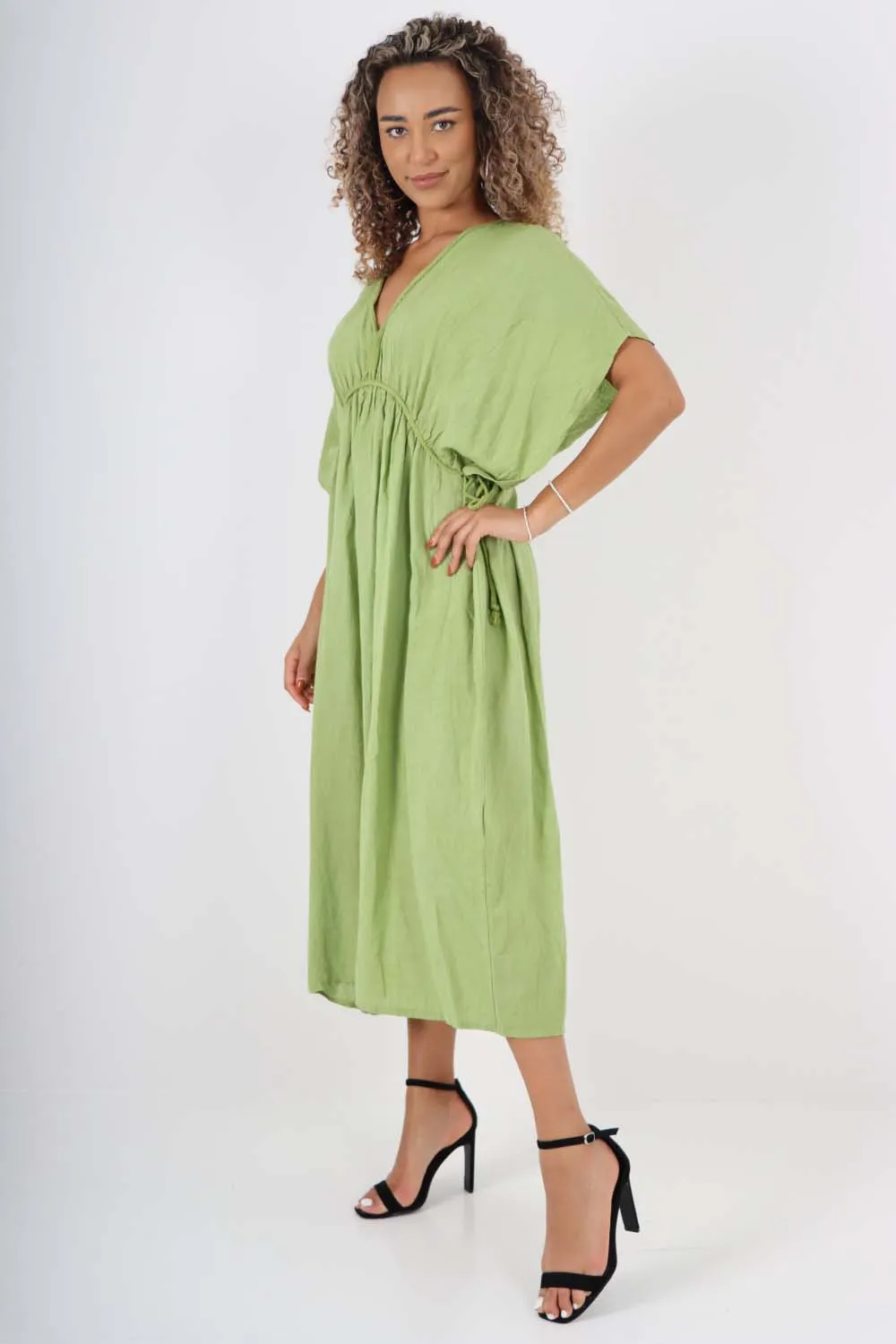 Italian Drawestring Front Flared Linen Dress