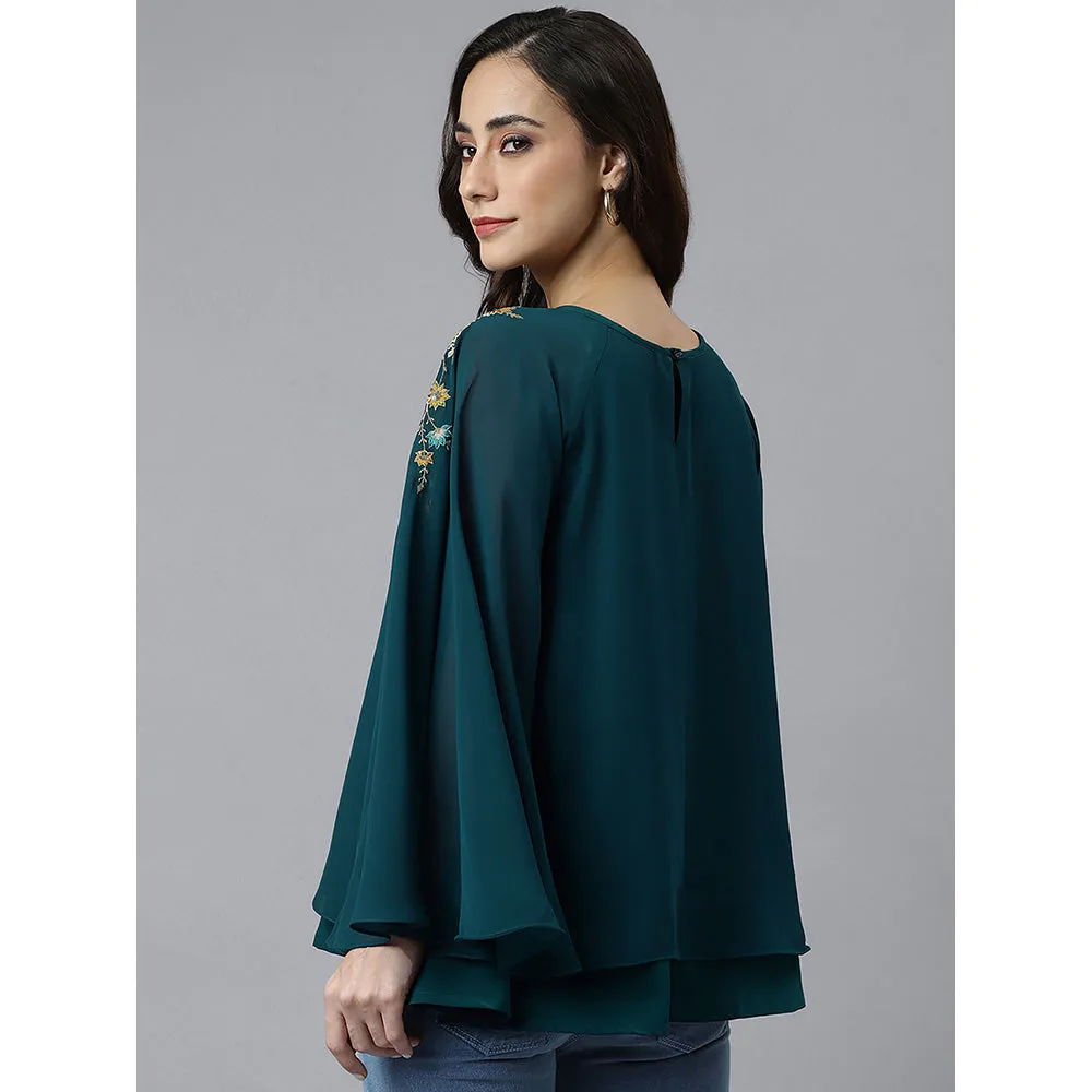 Janasya Women's Teal Blue Georgette Embellished A-Line Top