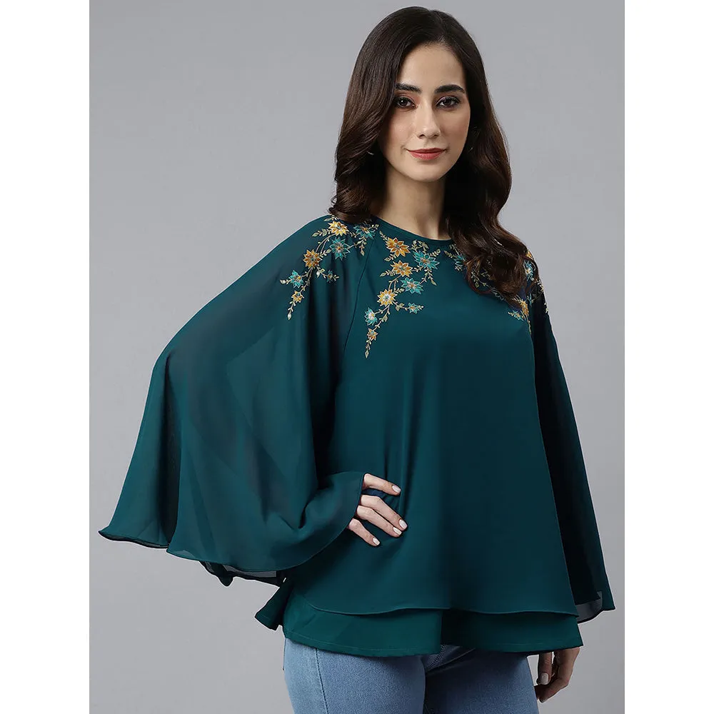 Janasya Women's Teal Blue Georgette Embellished A-Line Top