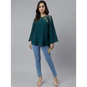 Janasya Women's Teal Blue Georgette Embellished A-Line Top