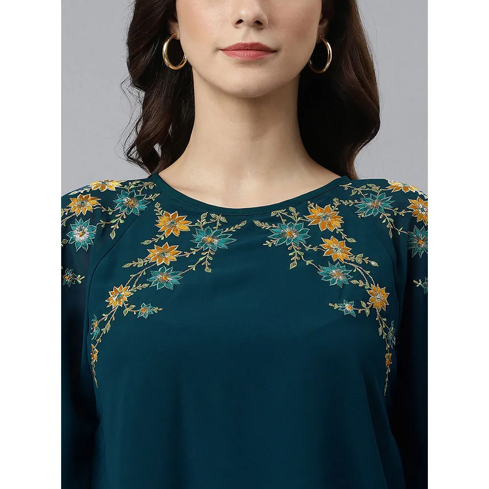 Janasya Women's Teal Blue Georgette Embellished A-Line Top