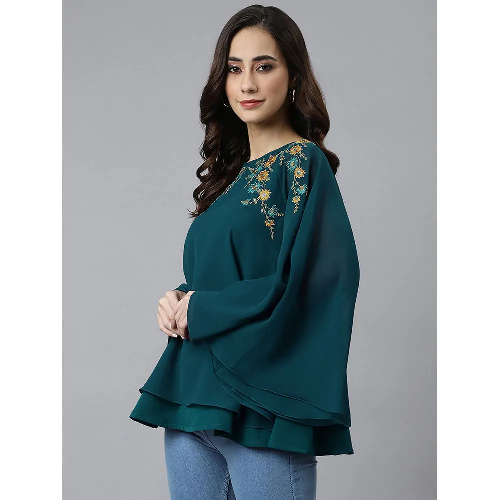 Janasya Women's Teal Blue Georgette Embellished A-Line Top
