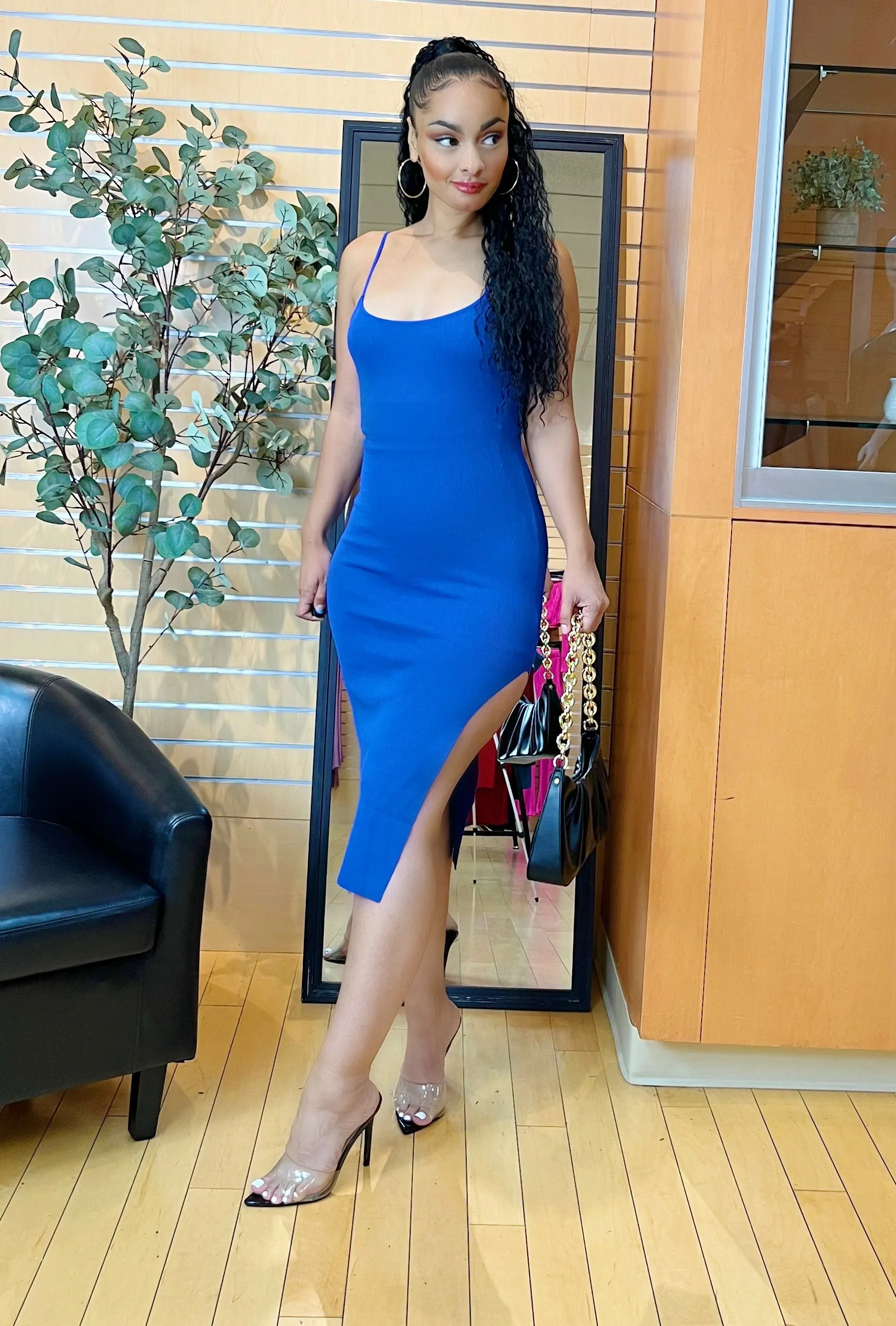 Jessica Side Slit Ribbed Midi Dress (Royal Blue)