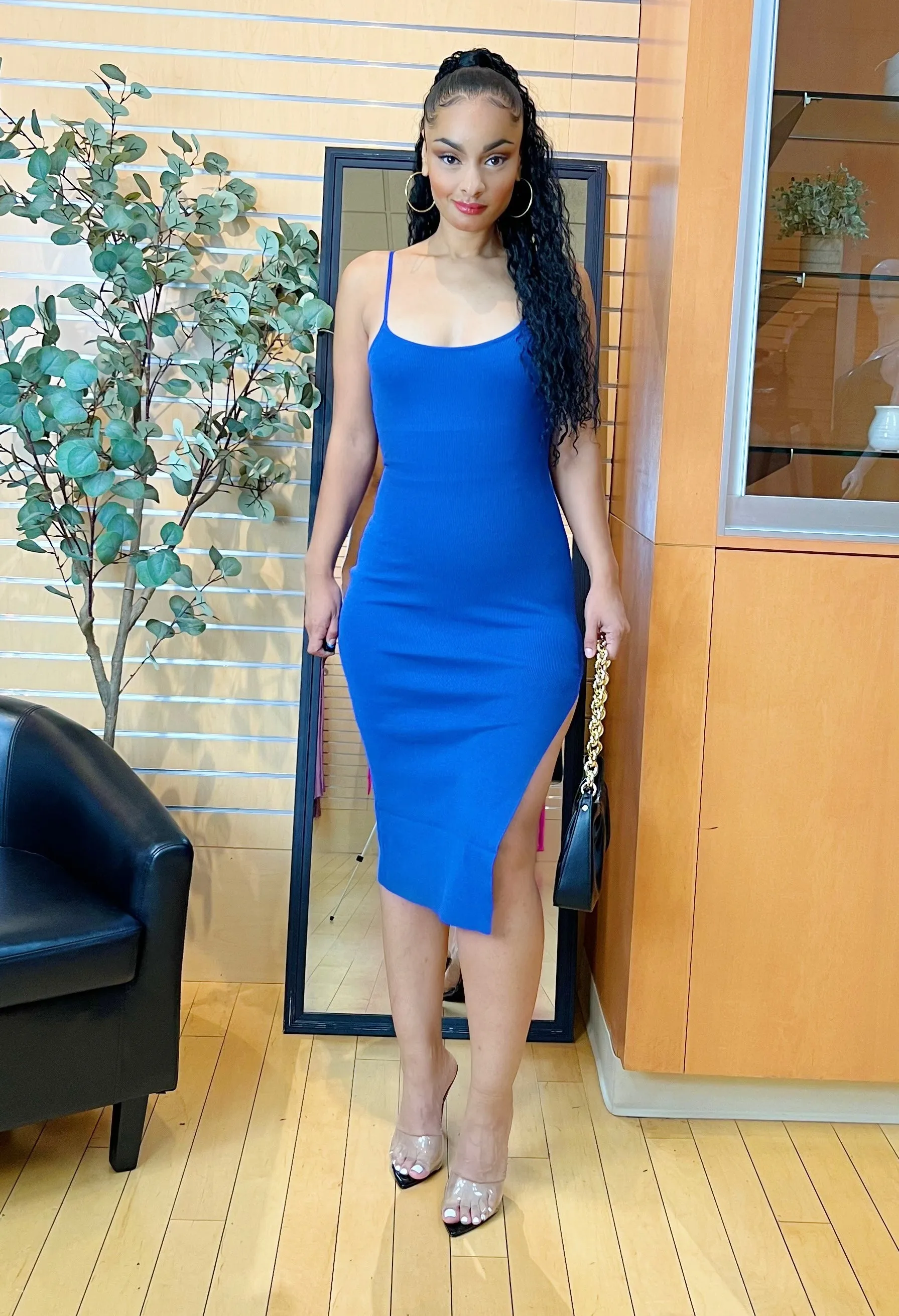 Jessica Side Slit Ribbed Midi Dress (Royal Blue)