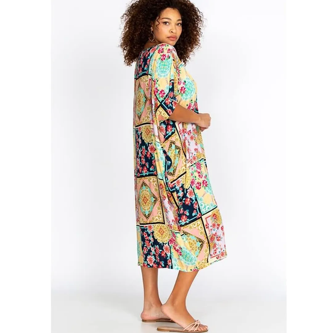Johnny Was Long Rayon Japer Cocoon Boat Neck Kaftan Flared Sleeve Dress Cream XXL New