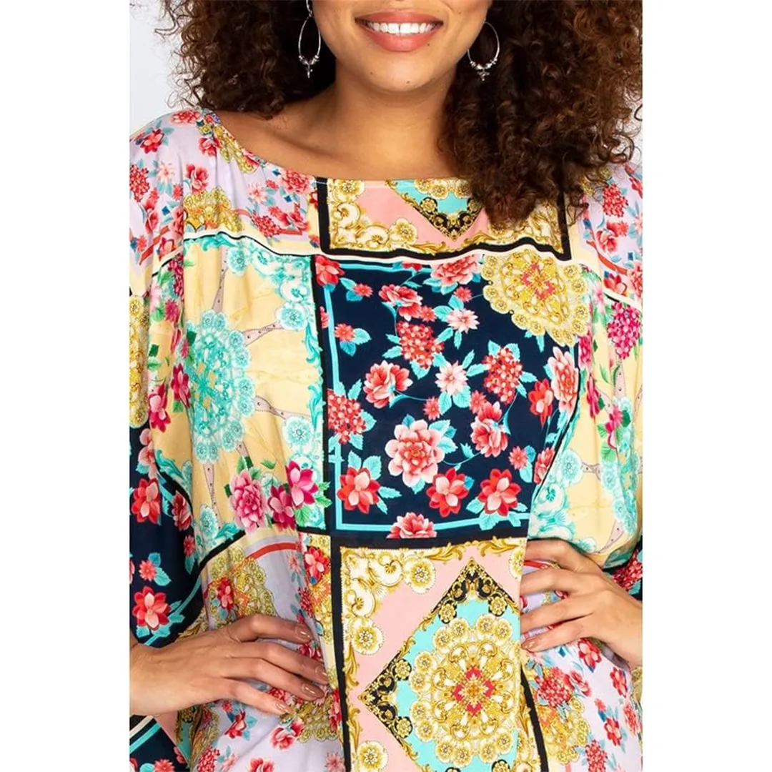 Johnny Was Long Rayon Japer Cocoon Boat Neck Kaftan Flared Sleeve Dress Cream XXL New
