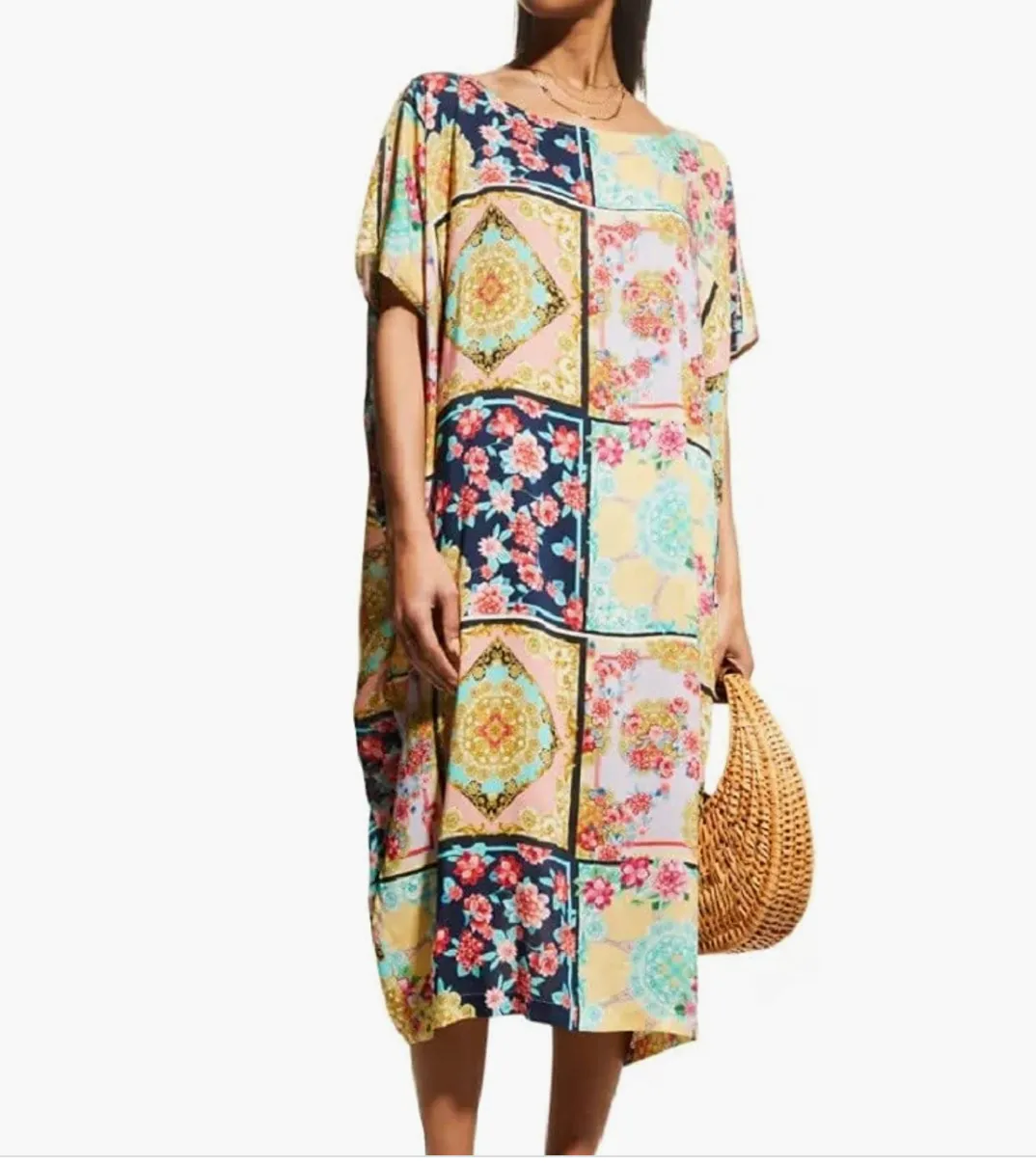 Johnny Was Long Rayon Japer Cocoon Boat Neck Kaftan Flared Sleeve Dress Cream XXL New