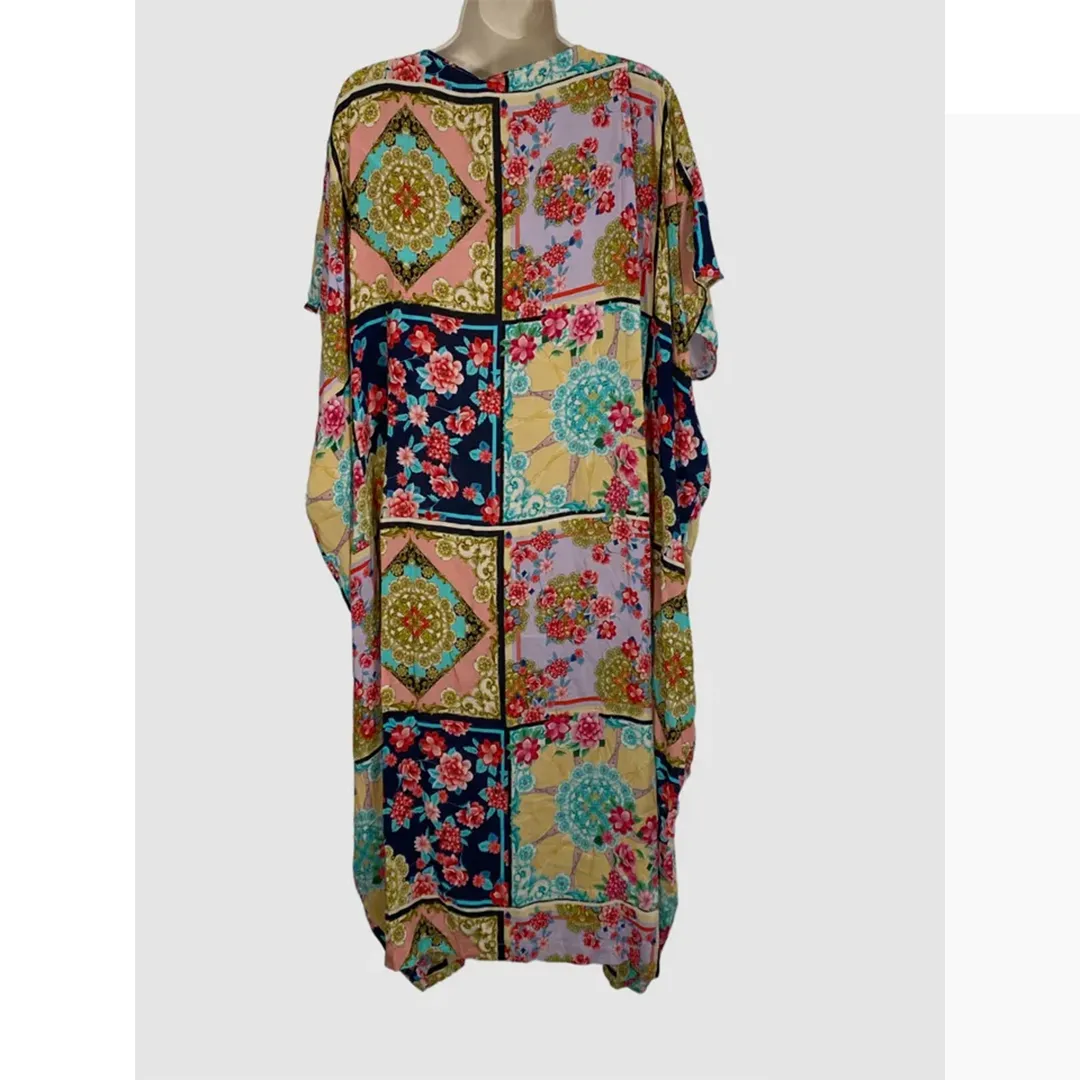Johnny Was Long Rayon Japer Cocoon Boat Neck Kaftan Flared Sleeve Dress Cream XXL New