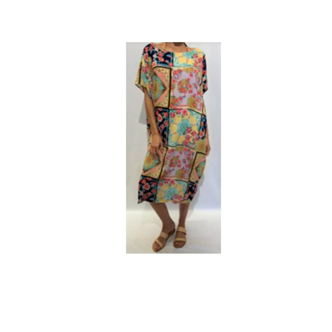 Johnny Was Long Rayon Japer Cocoon Boat Neck Kaftan Flared Sleeve Dress Cream XXL New