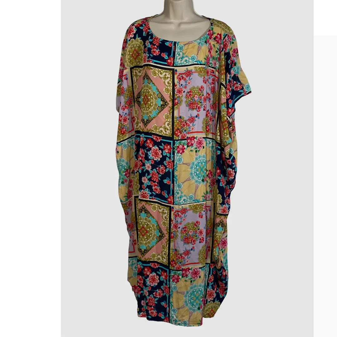 Johnny Was Long Rayon Japer Cocoon Boat Neck Kaftan Flared Sleeve Dress Cream XXL New