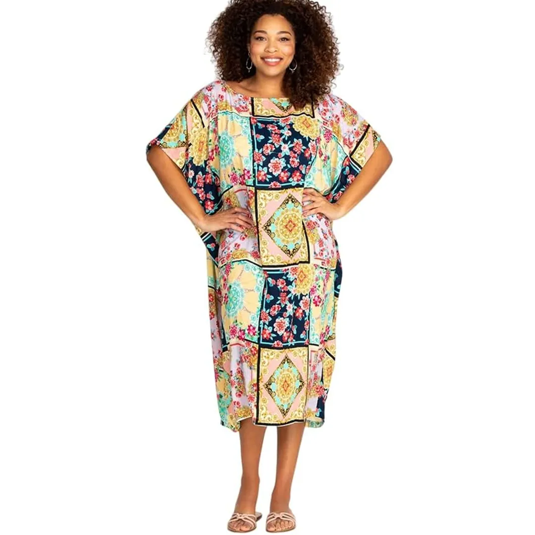 Johnny Was Long Rayon Japer Cocoon Boat Neck Kaftan Flared Sleeve Dress Cream XXL New