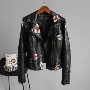 Jordia™ - Women's Leather Jacket With Floral Accents