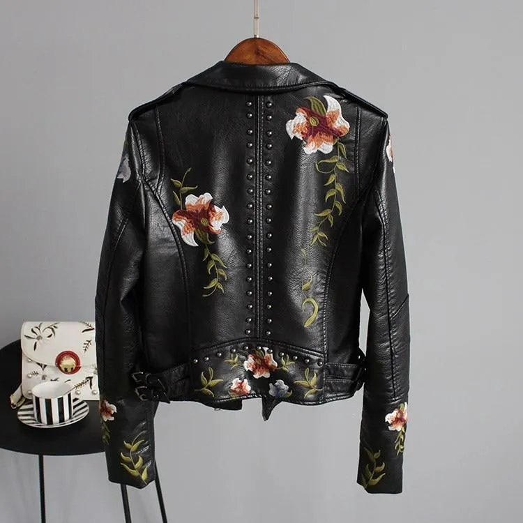 Jordia™ - Women's Leather Jacket With Floral Accents