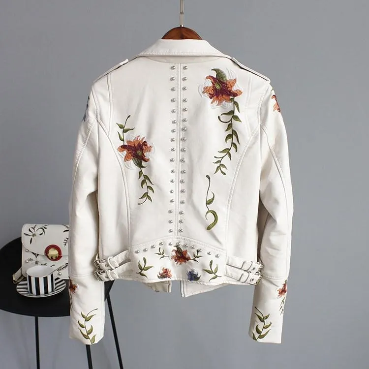 Jordia™ - Women's Leather Jacket With Floral Accents