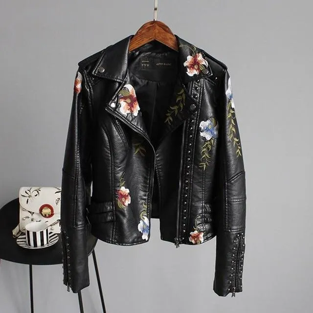 Jordia™ - Women's Leather Jacket With Floral Accents