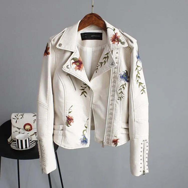Jordia™ - Women's Leather Jacket With Floral Accents