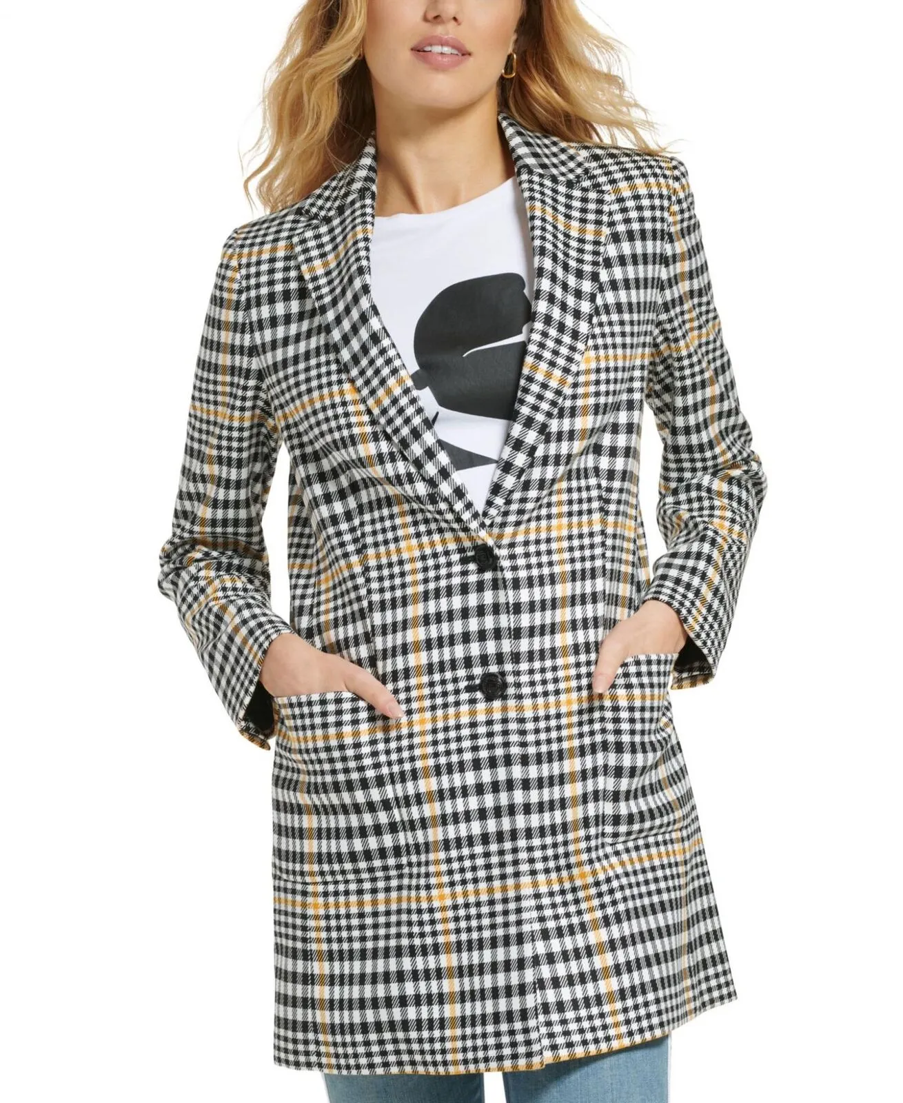 Karl Lagerfeld Paris Women's Plaid Mid-Length Button-Up Jacket L2HC6175