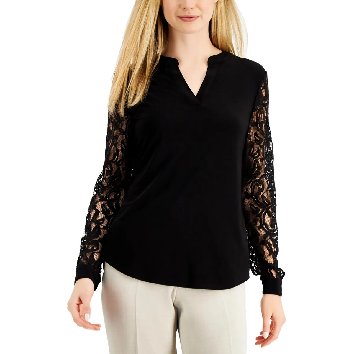 Kasper Womens Petites Lace Sleeves Mandarin Collar Pullover Top