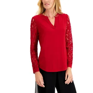 Kasper Womens Petites Lace Sleeves Mandarin Collar Pullover Top
