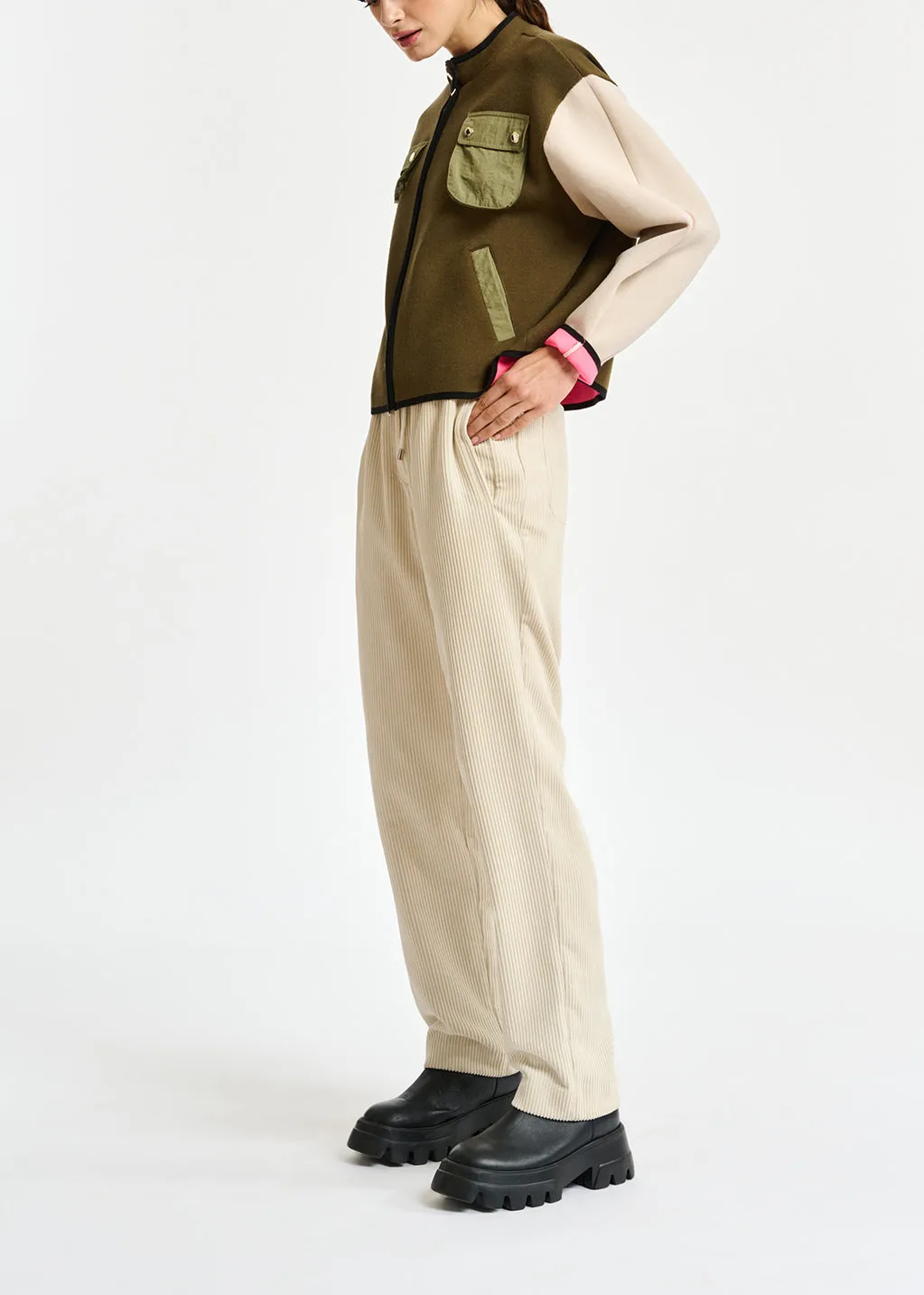 Khaki and off-white utility-inspired knit jacket